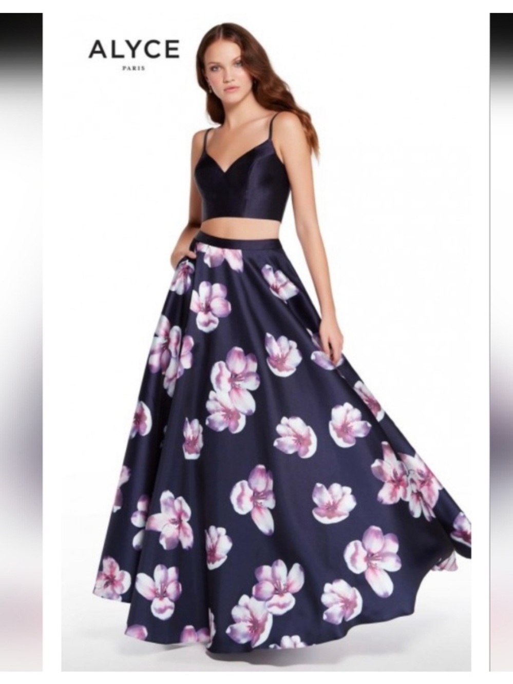 10 Alyce Paris 2-Piece Navy Floral Skirt and Top Pink Blossom Prom Wedding